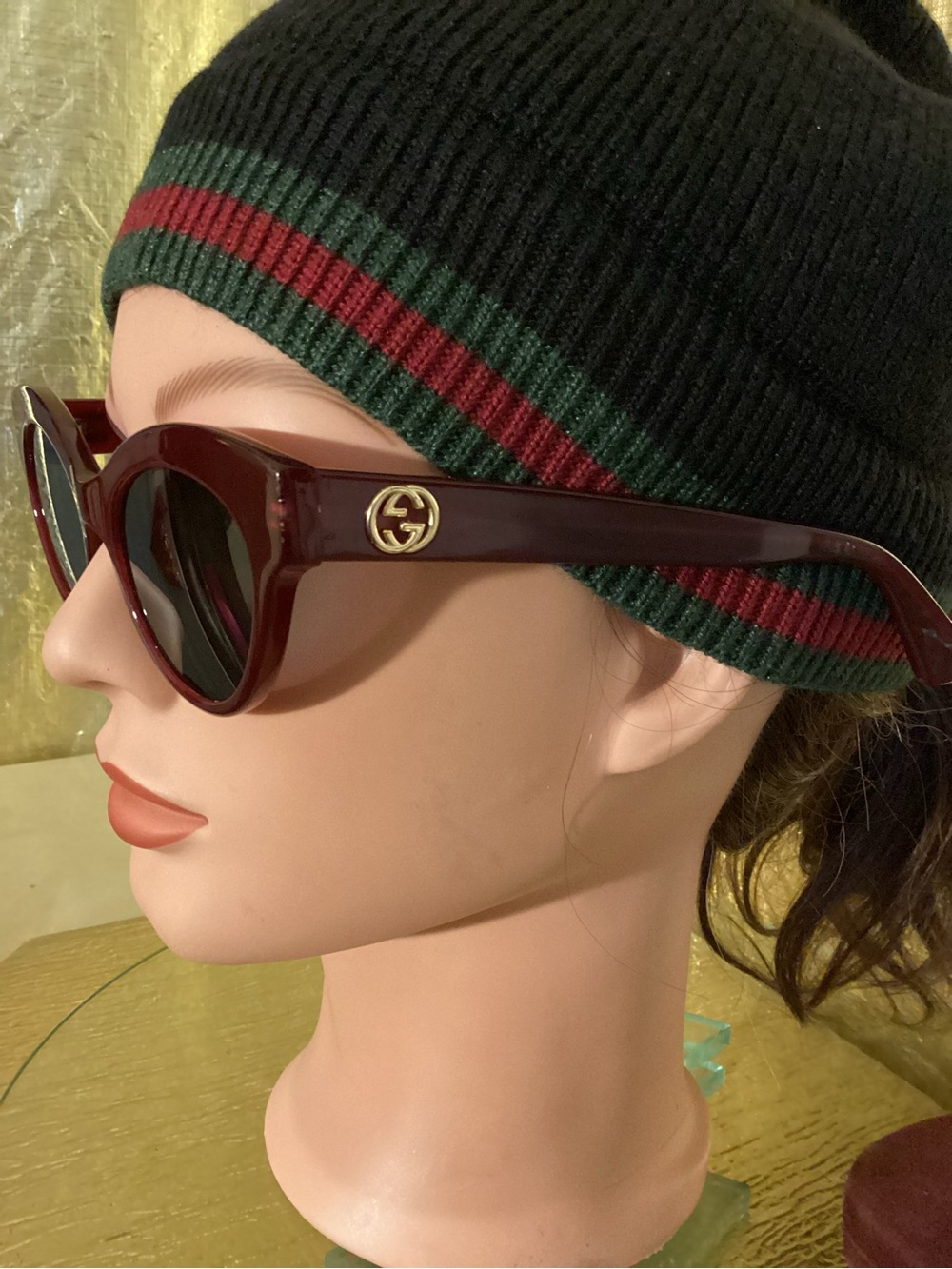 Gucci Women's Wine Burgundy Round Sunglasses with Gold GG Accent